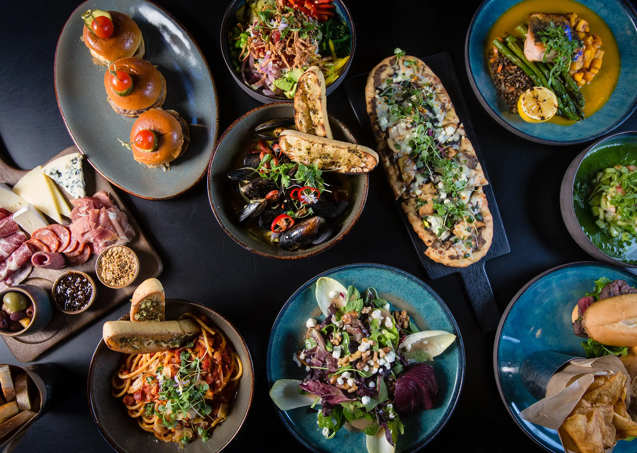 overhead view of food at the peel craft bar in anaheim, ca