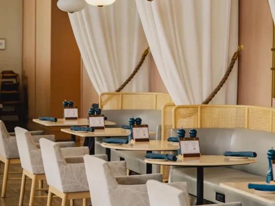 A row of dining tables at the Peel in Anaheim, CA
