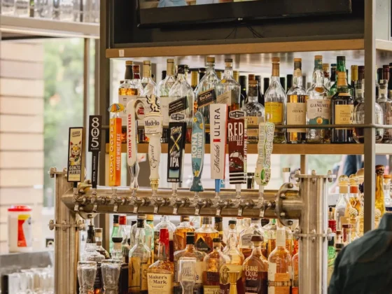 A stocked bar at the Peel in Anaheim, CA