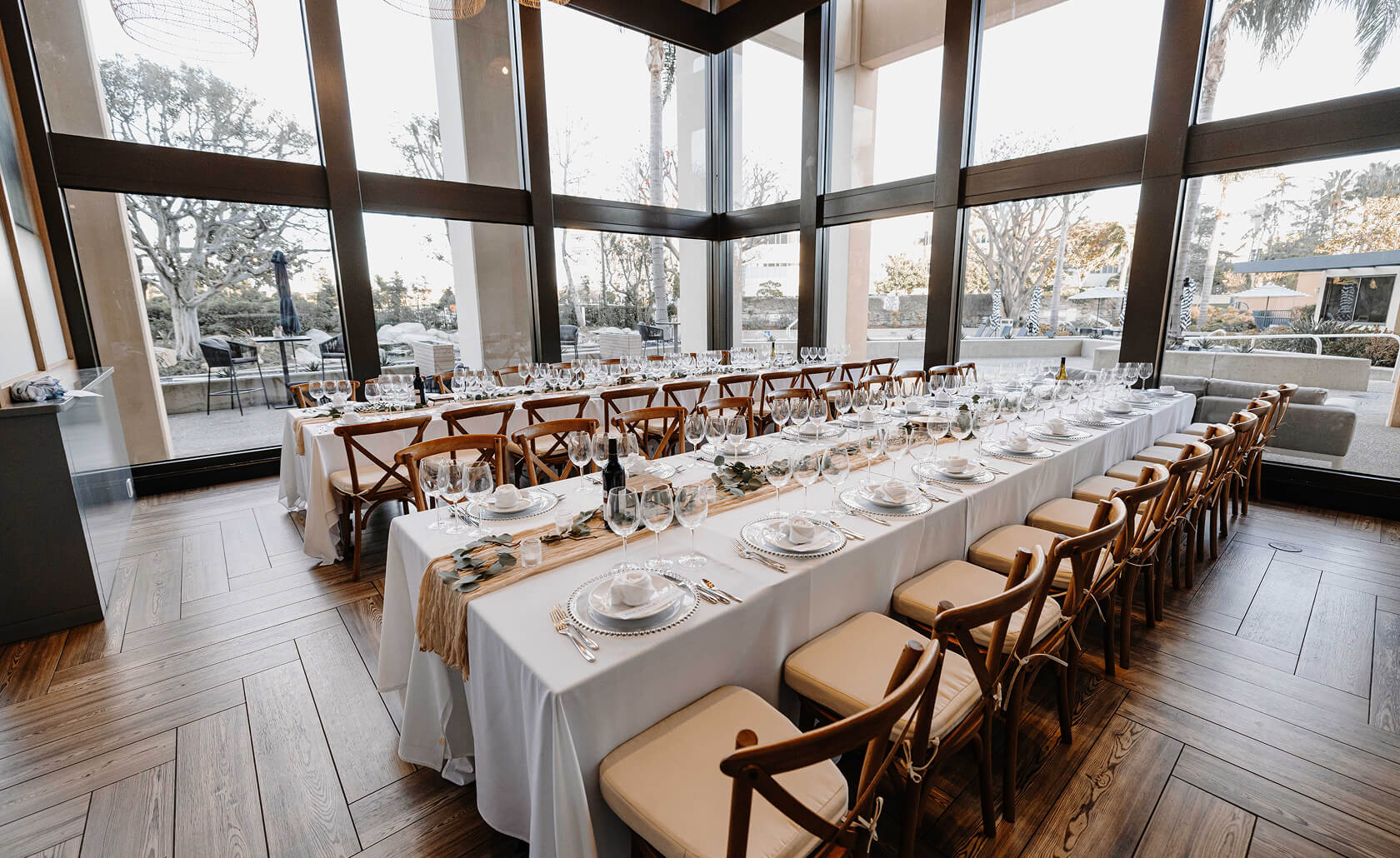 A white dining table at the Peel