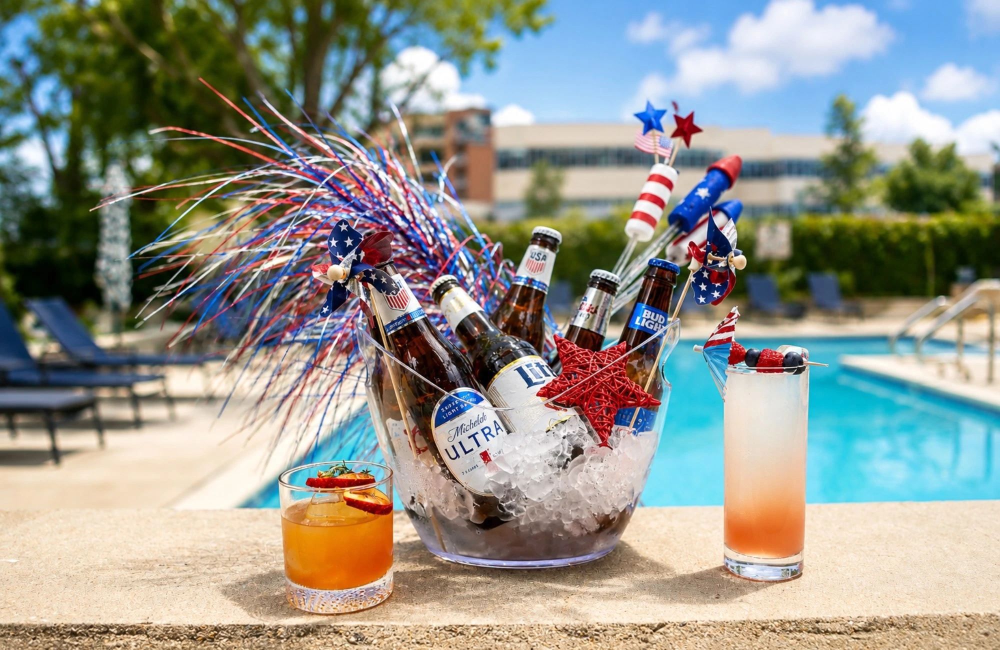 A clear bucket filled with ice and bottled beers flanked by two summer cocktails