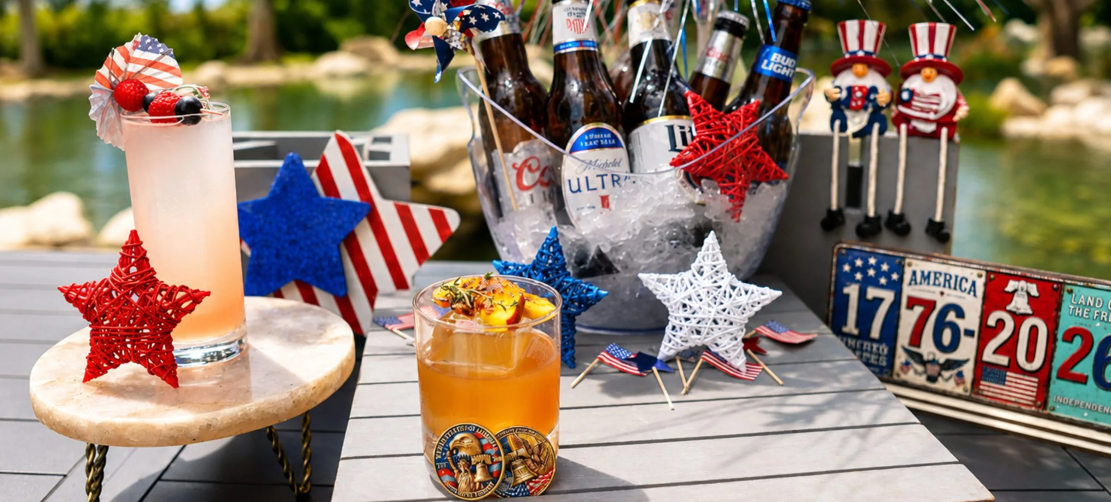 A Fourth of July outdoor spread featuring two summer cocktails