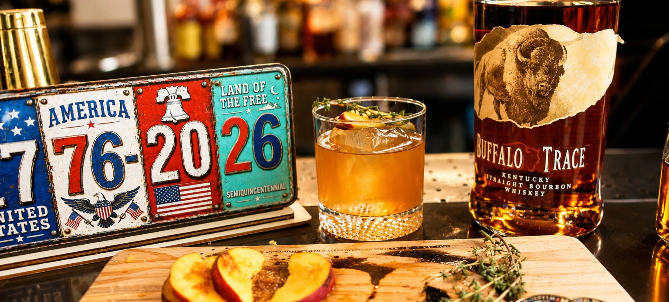 A bourbon cocktail garnished with grilled peaches