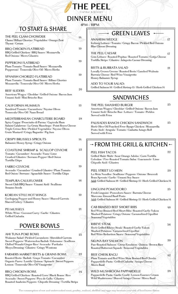 Page 1 of the Peel's dinner menu