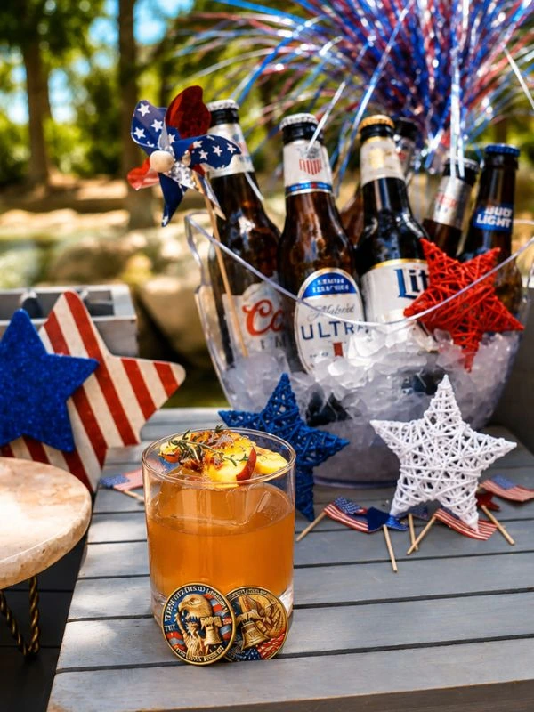 Patriotic decorations next to some beer bottles